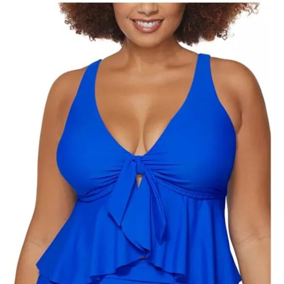 NEW Raisins Curve Cobalt Blue Tankini Top Size 14W Flyaway Ruffle underwire Swim - Picture 1 of 15